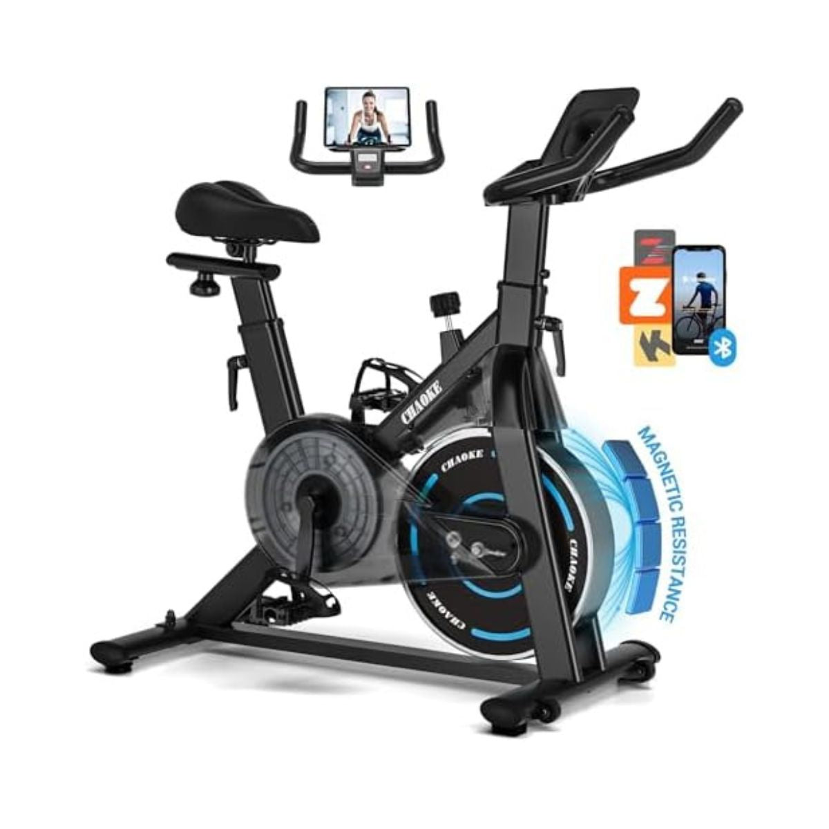 Exercise Bike, CHAOKE Quiet Magnetic Resistance 300LB Capacity Stationary Bike for Home with App Compatible, Indoor Bike with Comfortable Seat and Digital Display