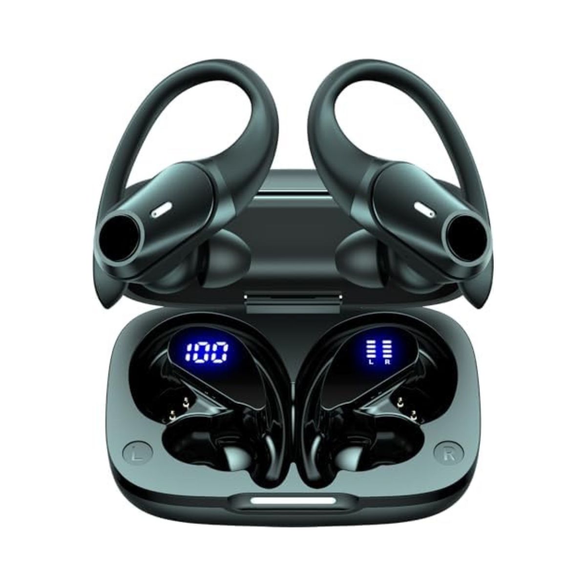 GOLREX Active Noise Cancelling Ear Buds Wireless Earbuds Bluetooth Headphones with 80H Playtime LED Display Wireless Charging Case, Over-Ear Hooks Earbud for Sports Running Gym Workout Black