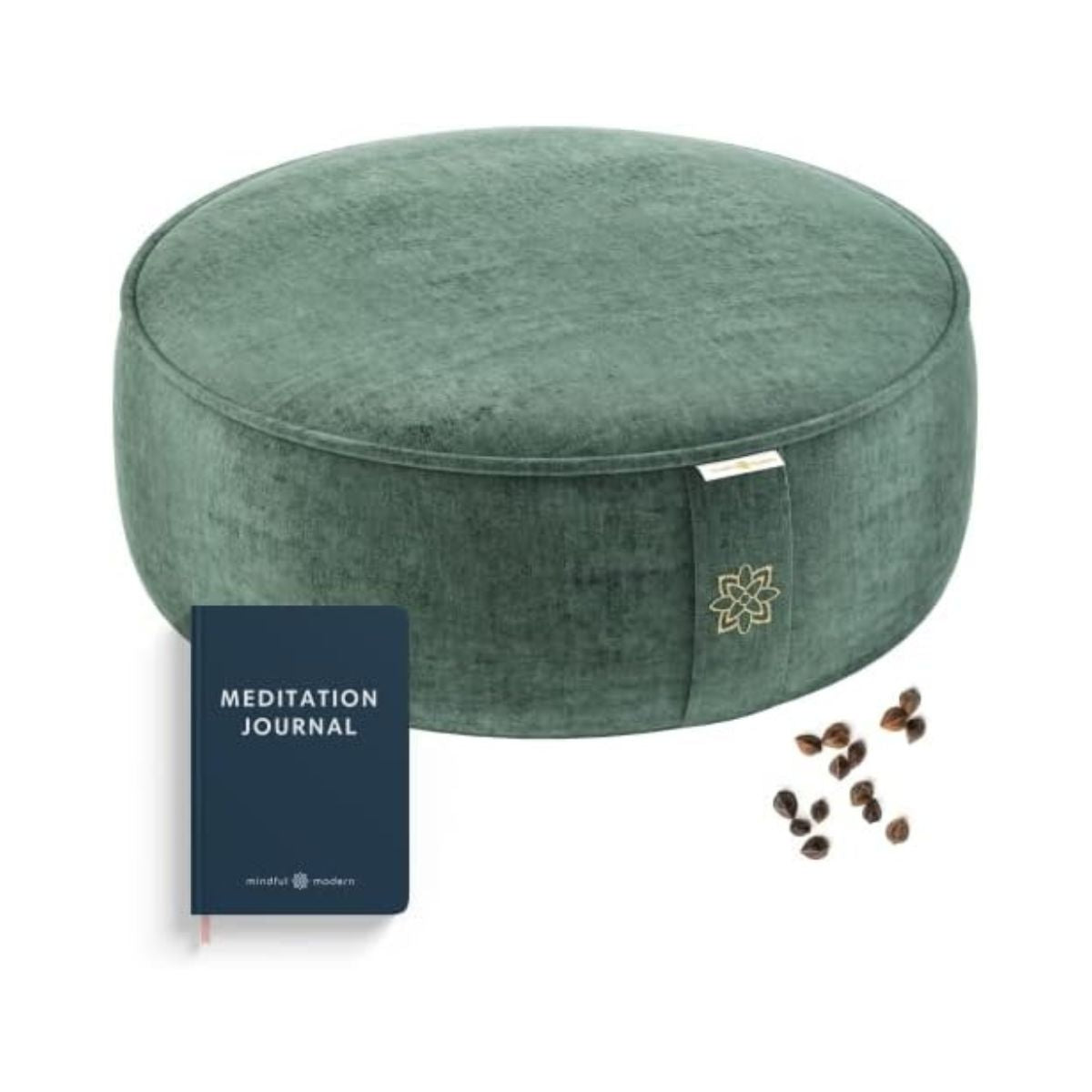 Mindful & Modern Velvet Meditation Cushion | Luxe Zafu Yoga Floor Pillow Seat | Posture Support | Buckwheat Hull Filled | Large Round Cushion with Removable Washable Cover + Carry Handle | Color Green