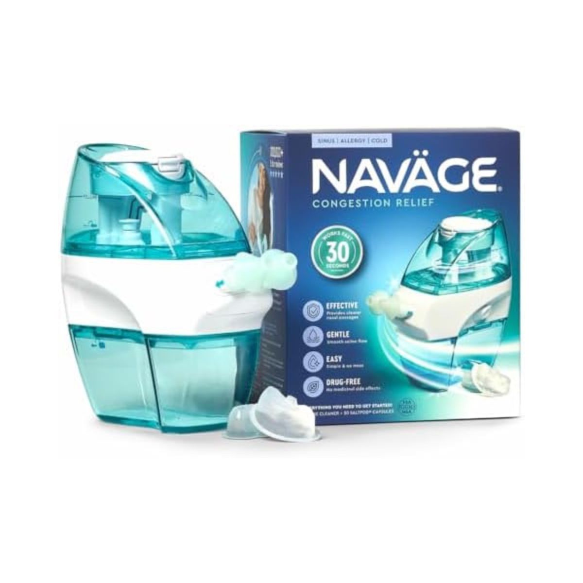 Navage Starter Bundle - Nasal Irrigation System - Saline Nasal Rinse Kit with 1 Navage Nose Cleaner and 30 Salt Pods