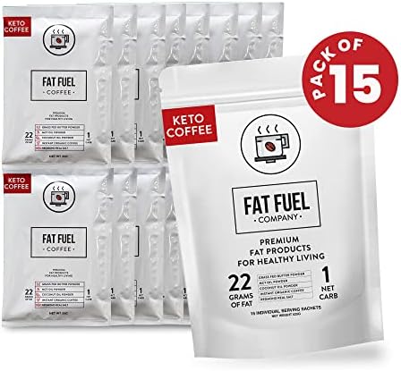 FAT FUEL Keto Coffee 22g Premium Fats - With Grass Fed Butter, MCT Oil, Coconut & Redmond Real Salt - Instant Organic Coffee, One Net Carb, A True Meal Replacement - 15 Servings