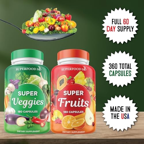 Superfood Fruit and Veggie Supplement - 360 Whole Super Fruit and Vegetable Supplements & Vitamin, Natural Energy Levels, with Olive Leaf Soy Free- 180 Count (Pack of 2)