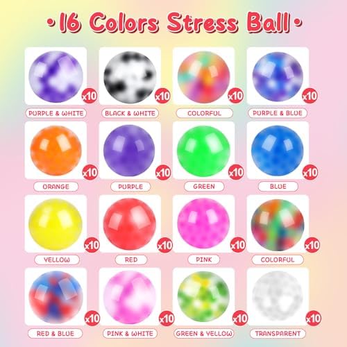 160 Pack Stress Balls for Adults, Bulk Squishy Ball, Stress Balls Set, Anti-Anxiety and Fidget Balls to Relax, Prize Box, Party Favors, Birthday Gifts, Goodie Bag Stuffers