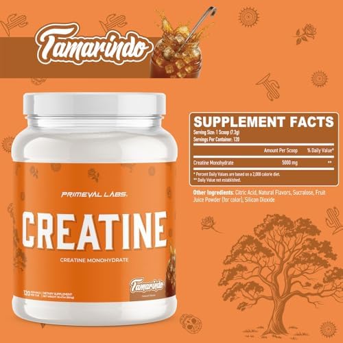 Primeval Labs Creatine Monohydrate | Muscle Recovery + Builder for Men & Women | Workout Supplements Easy to Mix | Tamarindo | 120 Servings | 5g Creatine Per Serving