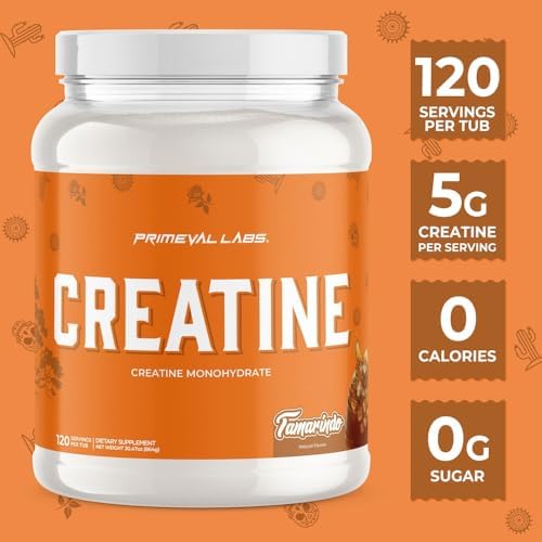 Primeval Labs Creatine Monohydrate | Muscle Recovery + Builder for Men & Women | Workout Supplements Easy to Mix | Tamarindo | 120 Servings | 5g Creatine Per Serving
