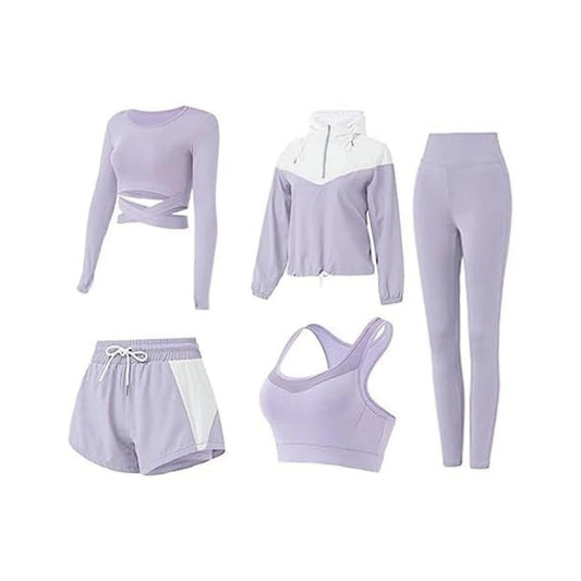 5 PCS Workout Sets for Women Yoga Running Outfit Athletic Gym Exercise Clothes Activewear Sets Tracksuit