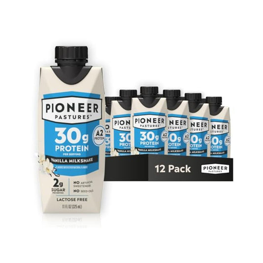 Pioneer Pastures - High Protein A2 Milkshakes - Vanilla - A2 Nutritional Milk, 30g Protein, 2g Sugar, No Sweeteners, No Seed Oils - All-Natural, Breakfast Shake, Meal Replacement, Workout - 11oz, 12 Pack
