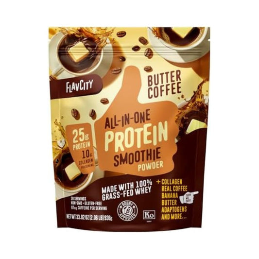 FlavCity Grass Fed Whey Protein Powder - Butter Coffee - 25g Protein, 10g Collagen & 87mg Caffeine - Made with Organic Reishi & Cordyceps - Gluten Free & No Added Sugars (20 Servings)