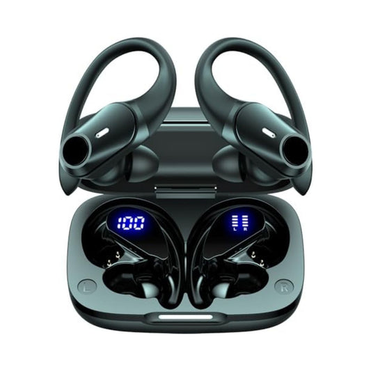 GOLREX Active Noise Cancelling Ear Buds Wireless Earbuds Bluetooth Headphones with 80H Playtime LED Display Wireless Charging Case, Over-Ear Hooks Earbud for Sports Running Gym Workout Black