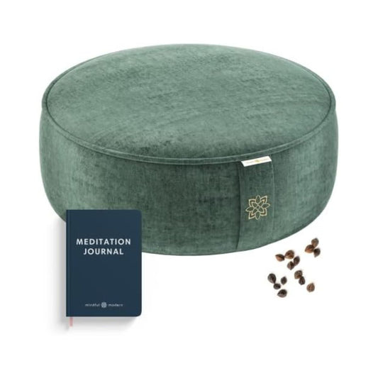 Mindful & Modern Velvet Meditation Cushion | Luxe Zafu Yoga Floor Pillow Seat | Posture Support | Buckwheat Hull Filled | Large Round Cushion with Removable Washable Cover + Carry Handle | Color Green