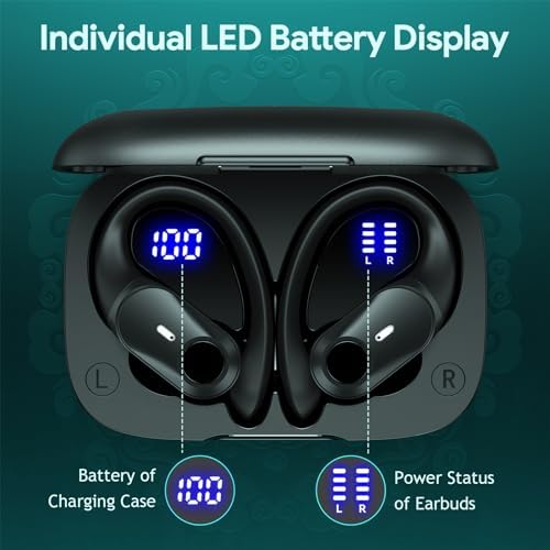 GOLREX Active Noise Cancelling Ear Buds Wireless Earbuds Bluetooth Headphones with 80H Playtime LED Display Wireless Charging Case, Over-Ear Hooks Earbud for Sports Running Gym Workout Black